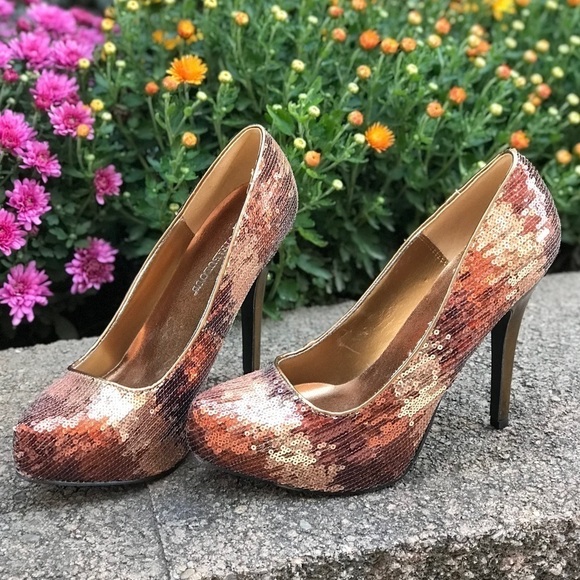 JUST FABULOUS 7.5 Copper Sequins Platform Pumps Size 7.5 - Picture 7 of 16